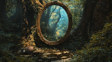 Ancient Ornate Mirror in a Mystical Forest Reflecting a Vibrant, Luminous, and Enchanted Otherworld