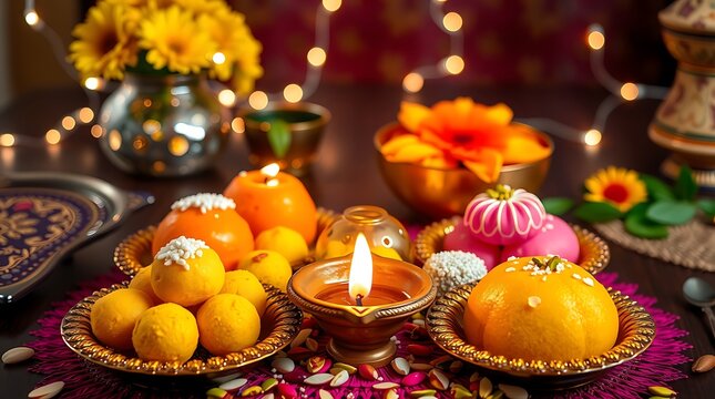 Festive sweets and diya with flower decorations