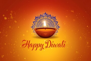 Traditional indian oil lamp lit during diwali festival with intricate mandala and warm glowing lights on a festive orange background