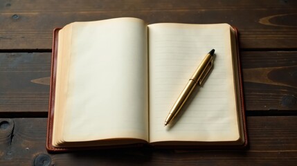 An Open Leather-Bound Journal with a Gold Pen Resting on a Dark Wooden Surface, Ready for Your Thoughts and Ideas