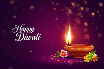 Warm glowing diya oil lamp with floral accents and bokeh lights celebrating the auspicious festival of diwali