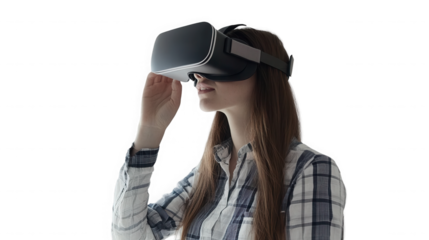 A woman wearing a virtual reality headset against a black background on transparent background