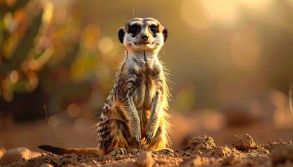A meerkat sits upright, observing the viewer in its natural habitat