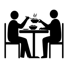 Silhouette of two people sitting at a table eating a hot meal together with chopsticks from bowls.