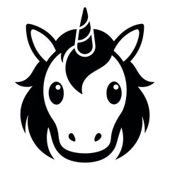 Stylized Black and White Unicorn Head Illustration Featuring a Smiling Expression and Decorative Mane