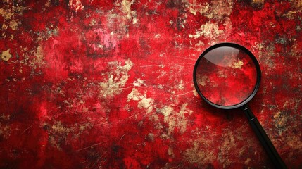 Magnifying glass on a textured red and gold background examining details