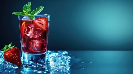 Refreshing red strawberry cocktail garnished with mint and ice cubes