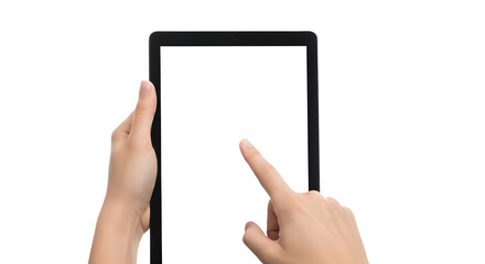 Male hands holding a digital tablet with a blank screen, finger tapping it. Isolated on transparent background, png
