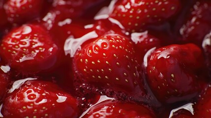 Close up macro shot of ripe red strawberries with visible seeds and water droplets