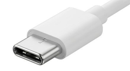 White USB type C cable connector closeup for charging and data transfer. Isolated on transparent background, png