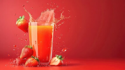 Fresh strawberry juice splashing out of a tall glass with whole and sliced strawberries