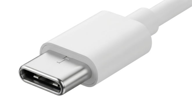 White USB type C cable connector closeup for charging and data transfer. Isolated on transparent background, png