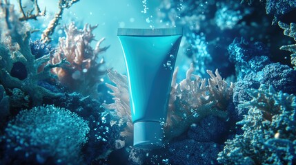 Aqua blue cosmetic tube nestled amongst vibrant coral reef formations underwater