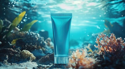 Cosmetic tube submerged underwater amidst vibrant coral reef and aquatic plants