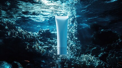 Clean white cosmetic tube submerged in dark blue water with light rays