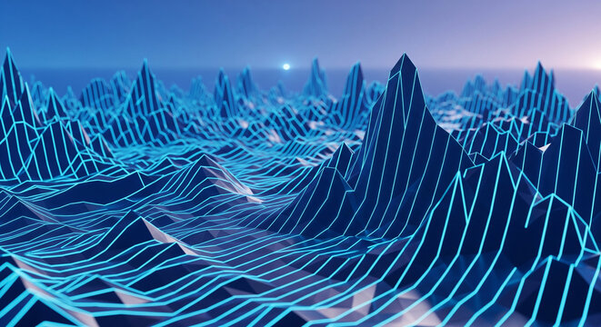 Abstract digital landscape with glowing blue mountain peaks and a serene horizon.