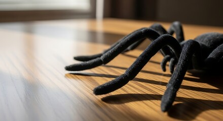 Black toy spider on a wooden table surface in a close up shot indoors