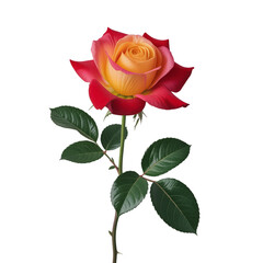 Obraz premium Vibrant rose with delicate gradient petals and lush green leaves on a clean white background