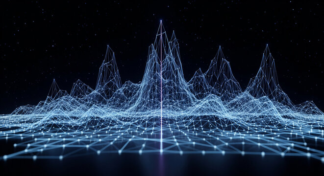 A glowing digital landscape of interconnected data points forming futuristic mountains.