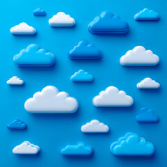 Blue cloud pattern glossy blue and white cloud icon set on blue background playful abstract composition with soft highlights and shadow