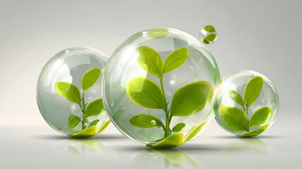 Young green plant in transparent bubble with soft reflection and hopeful lighting, fresh eco growth and protection