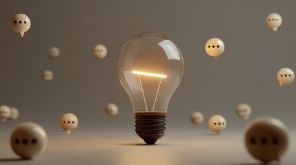 Glowing light bulb with floating speech bubbles symbolizing idea and communication