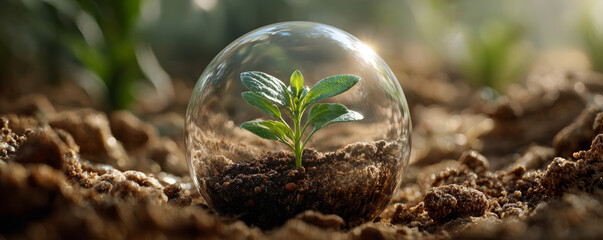 Young plant seedling protected in glass sphere on soil nurturing growth and hope in soft morning light