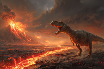Volcanic landscape with roaring theropod dinosaur amid lava flows and ash lit sky