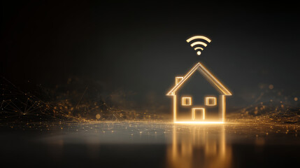 Glowing smart home icon with wifi signal above digital network surface, futuristic connected house concept expressing convenience and connectivity