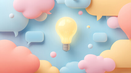 Glow light bulb speech bubble pastel cloud idea concept creativity communication blue background pink cloud