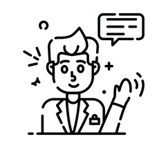 Stylized illustration of a smiling man in a lab coat waving hello with a speech bubble above his head against a white background with subtle sparkling accents