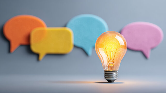 Glowing light bulb idea with colorful speech bubbles in background inspiring creativity and communication