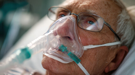 Elderly man with oxygen mask and glasses lying in hospital bed looking hopeful and fragile