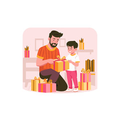 Father and Son Unpacking Gift Boxes Together in a Warm Indoor Setting with Soft Lighting and Decorative Shelves in the Background