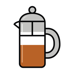 Simple french press coffee maker with rich brown liquid shown against a white background