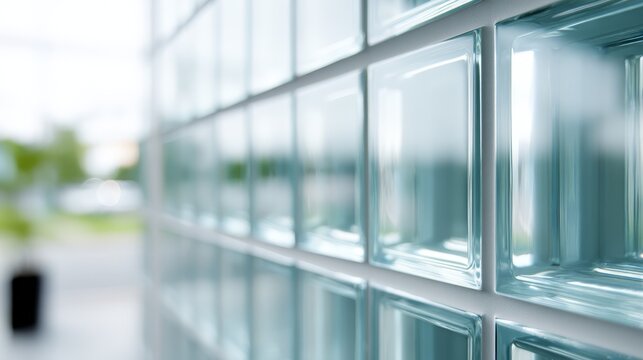 Detailed close up of modern glass block wall design for architectural privacy and natural light diffusion in contemporary spaces.