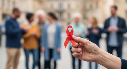 Fototapeta premium Red awareness ribbon held before diverse community – Stroke prevention campaign