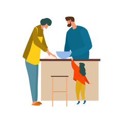 Family preparing food together in a kitchen with a transparent background depicting a mother father and child engaged in a cooking activity with a bowl and dough on the counter