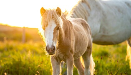 Obraz premium A fluffy, light-brown foal stands in golden sunlight