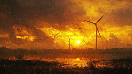 Golden Hour Wind Farm: Dynamic Digital Painting of Turbines at Sunset with Fiery Sky and Reflective Water