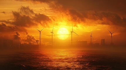 Spectacular Fiery Sunset Over a Modern Coastal City Featuring Prominent Wind Turbines and a Shimmering Ocean, Highlighting Sustainable Energy