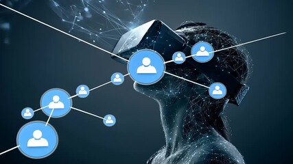 Woman using virtual reality headset in a futuristic digital environment with abstract connections - Powered by Adobe