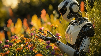 Futuristic Robot Gently Interacting with Vibrant Flowers in a Sunlit Garden, Bridging Technology and Nature