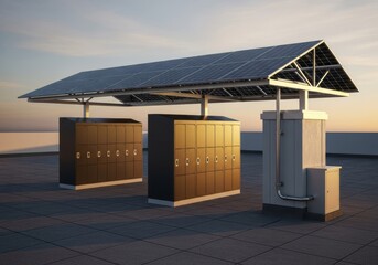 Modern Smart Parcel Lockers Under Sustainable Solar Panel Canopy on Rooftop at Sunset