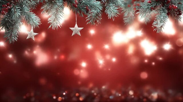 Festive winter holiday background with frosted evergreen branches, red berries, hanging star ornaments, and sparkling red bokeh lights.