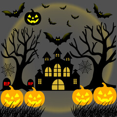 Spooky Halloween graphic illustration featuring a haunted house, glowing jack-o&rsquo;-lanterns, flying bats, bare trees, spider webs, and eerie tombstones. Perfect for decorating websites, banners, print 