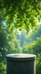 Sunlight Filtering Through Green Leaves Over Wooden Post in Serene Forest