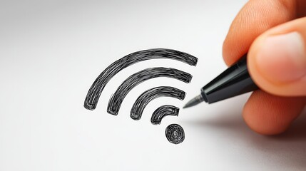 A hand sketches a WiFi signal icon with a black marker on a white background, representing connectivity and technology.