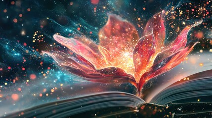 Radiant Lotus of Light and Energy Blossoming from a Mystical Open Book, Adorned with Sparkling Stardust and Ethereal Glow Against a Dreamy Teal-Blue Backdrop