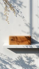 Minimalist Wooden Block on White Shelf with Tree Shadows